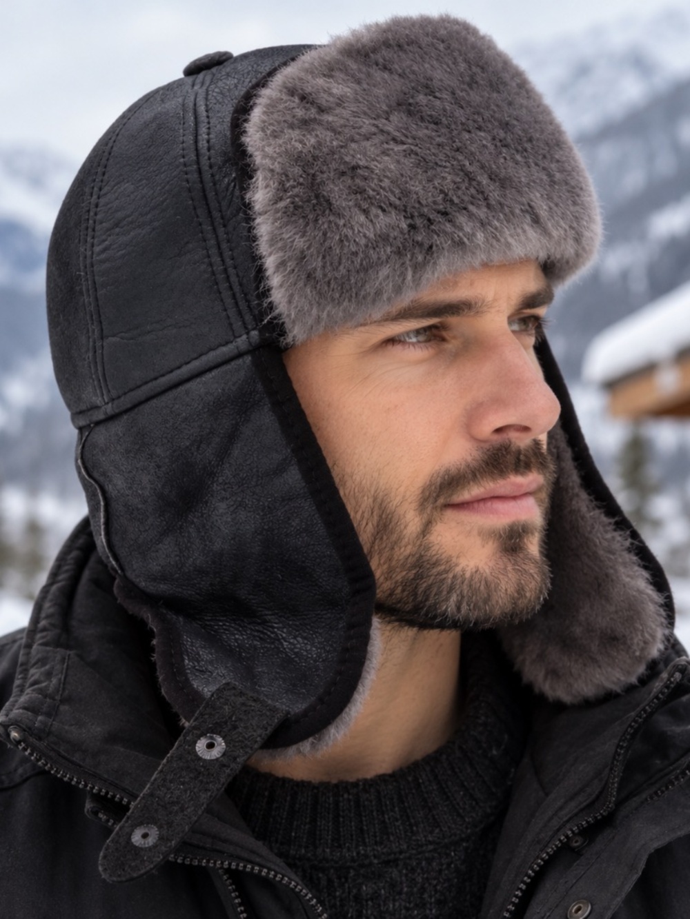 Genuine Shearling Leather Trapper Hat Aviator Winter Hat + Goggles XL–2XL